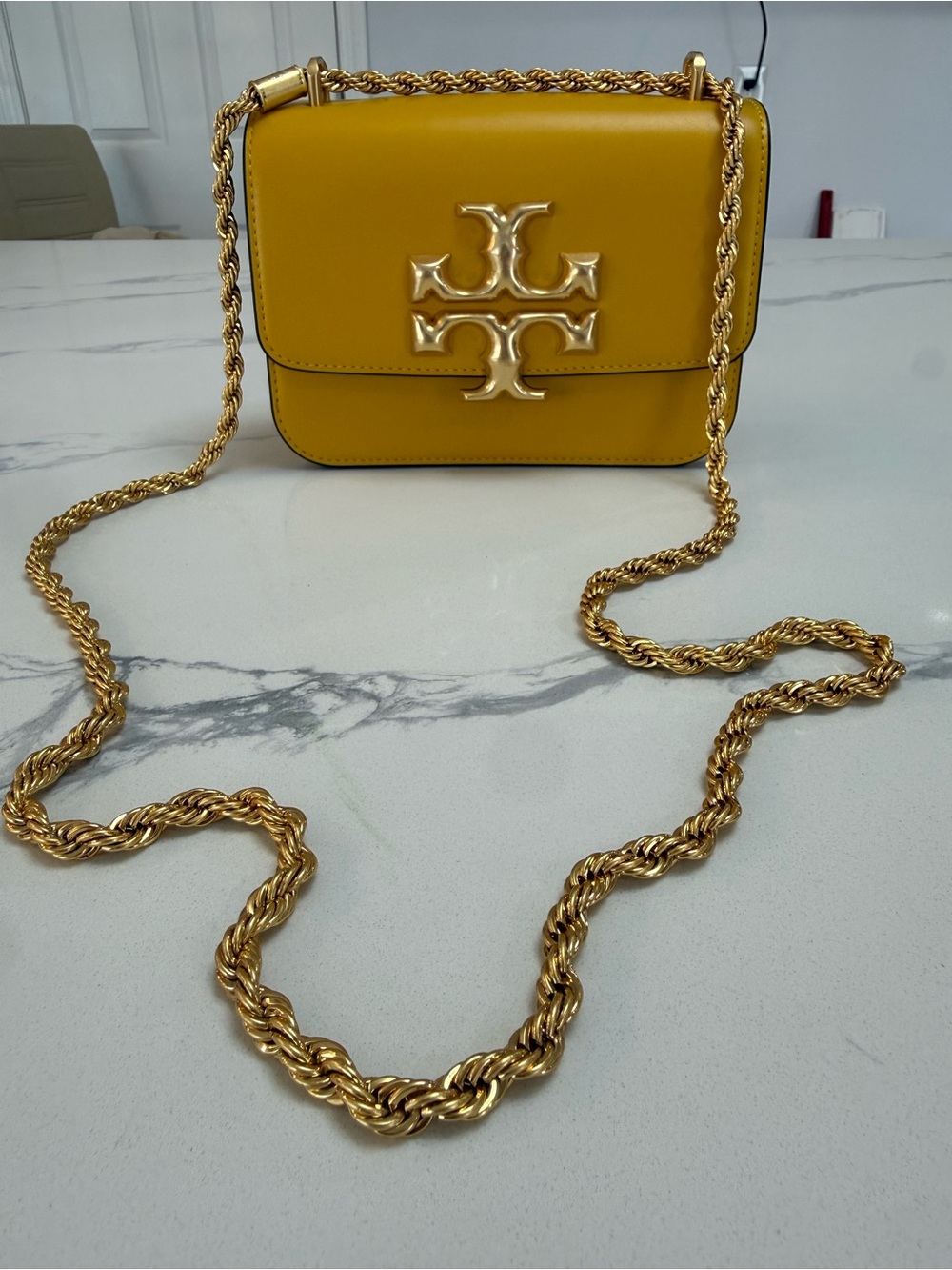 Tory Burch Yellow Leather Crossbody with Gold Chain Logo